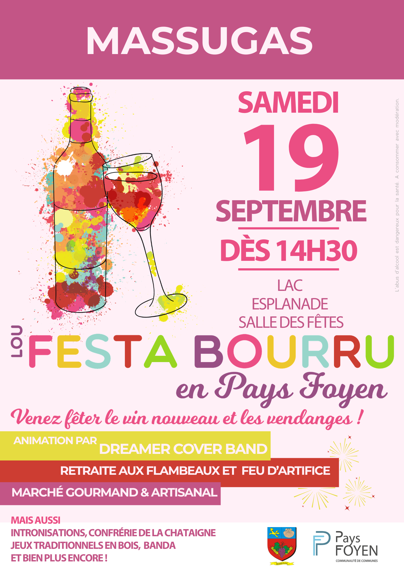 flyer de l'événement avec Illustration d'une bouteille de vin colorée avec grappe de raisin et verre à pied