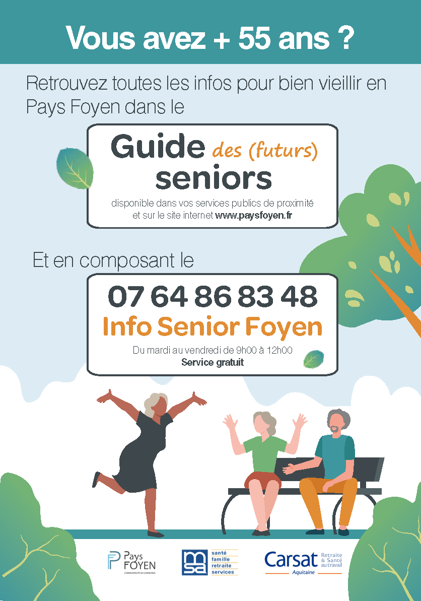 Silhouettes de personnes âgées dans un parc avec titre du guide senior et le numéro info senior