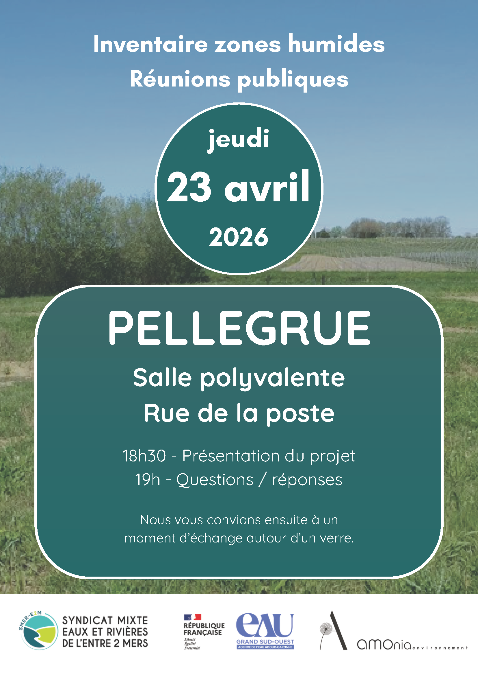 Affiche de la réunion publique fond avec zone humide et texte