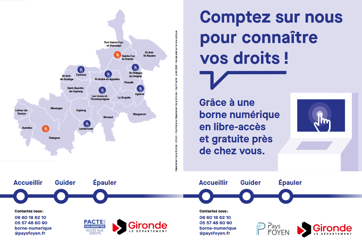 affiche des bornes numériques avec une borne numérique et la phrase "comptez sur nous pour vous faire connaître vos droits".