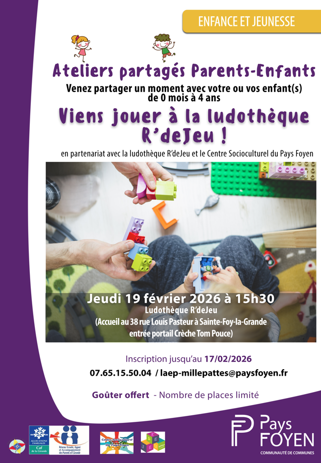 affiche de l'atelier partagé où l'on voit un adulter jouer avec un enfant