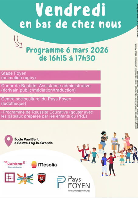 Une illustration avec trois adultes qui discutent et des enfants qui jouent