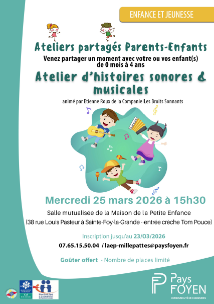 affiche de l'atelier partagé où l'on voit une illustration avec des enfants et des instruments de musique