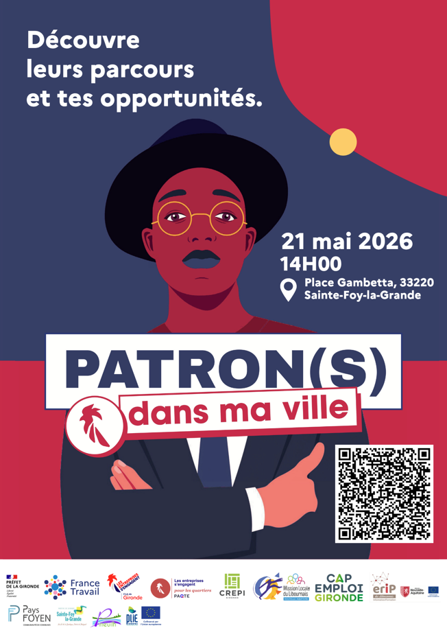 Illustration d'un homme en costard qui nous regarde avec le titre de la manifestation "Patron(s) dans ma ville"