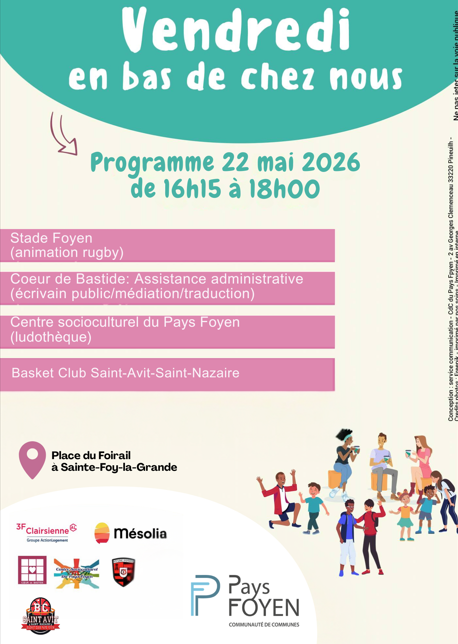 Une illustration avec trois adultes qui discutent et des enfants qui jouent