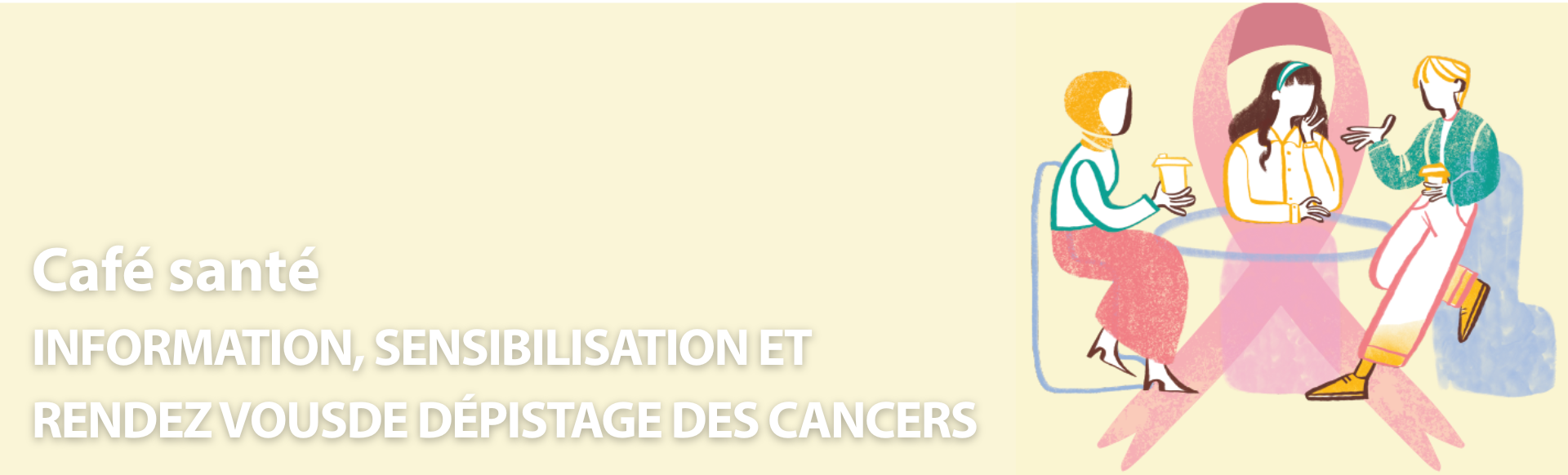 illustration avec symbole lutte contre cancer et illustration de 3 personnes en train de discuter