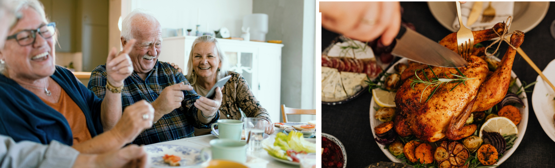 Visuel composé de deux photos, une avec des seniors à tables en train de rire et une autre avec un poulet rôti déposé sur une table
