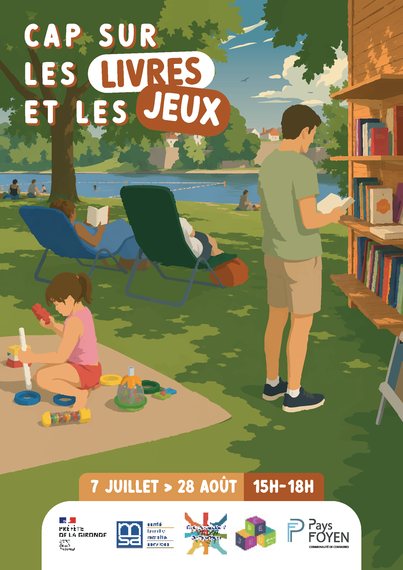 illustration avec un homme en train de lire et une enfant en train de jouet en bord de rivière