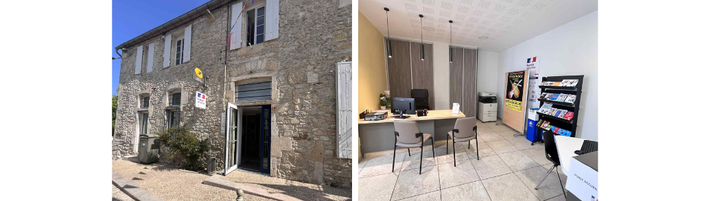 Photos des locaux France Services à Pellegrue avec la porte habillée avec le logo France Services et l'intérieur avec ordinateurs, imprimante, et de la documentation