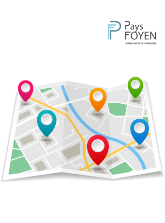 illustration représentant une carte avec des points de localisation et le logo de la CdC du Pays Foyen en haut à droite
