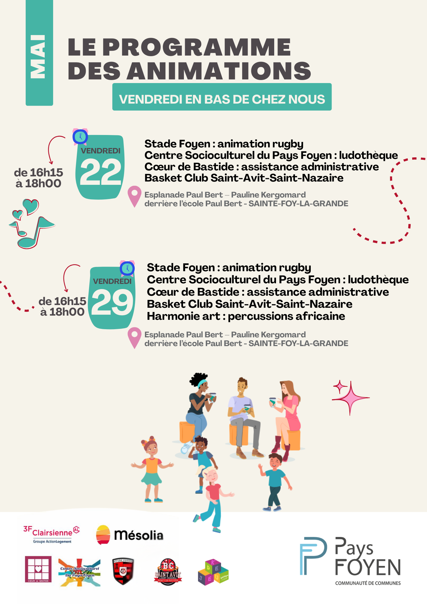 Une illustration avec trois adultes qui discutent et des enfants qui jouent