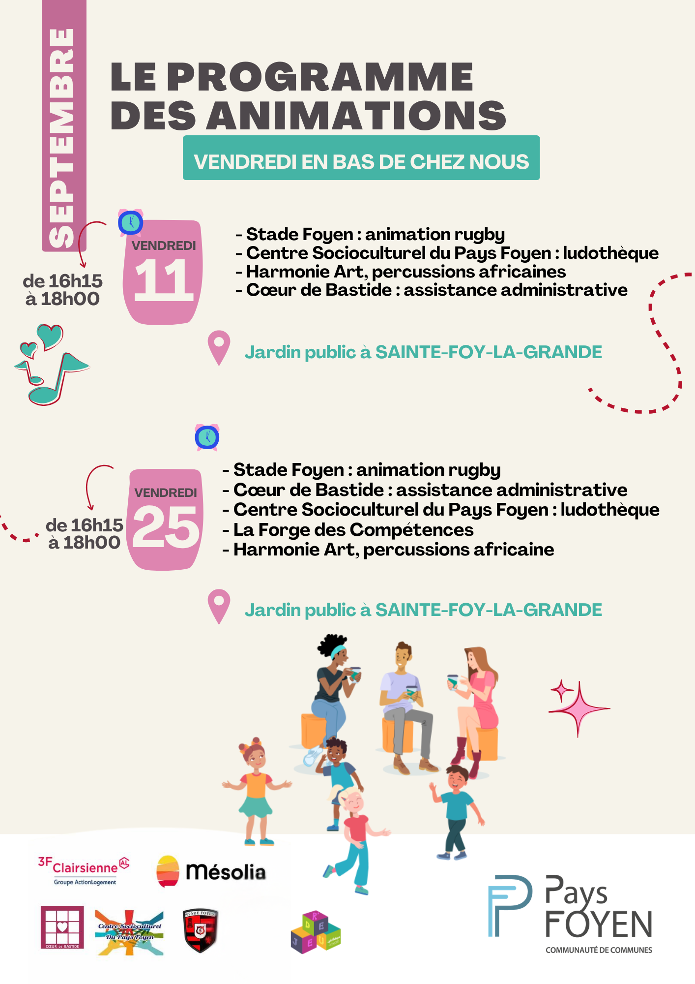 visuel avec illustration d'adultes en train de discuter et d'enfants en train de jouer