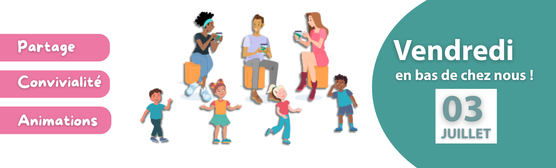 Une illustration avec trois adultes qui discutent et des enfants qui jouent