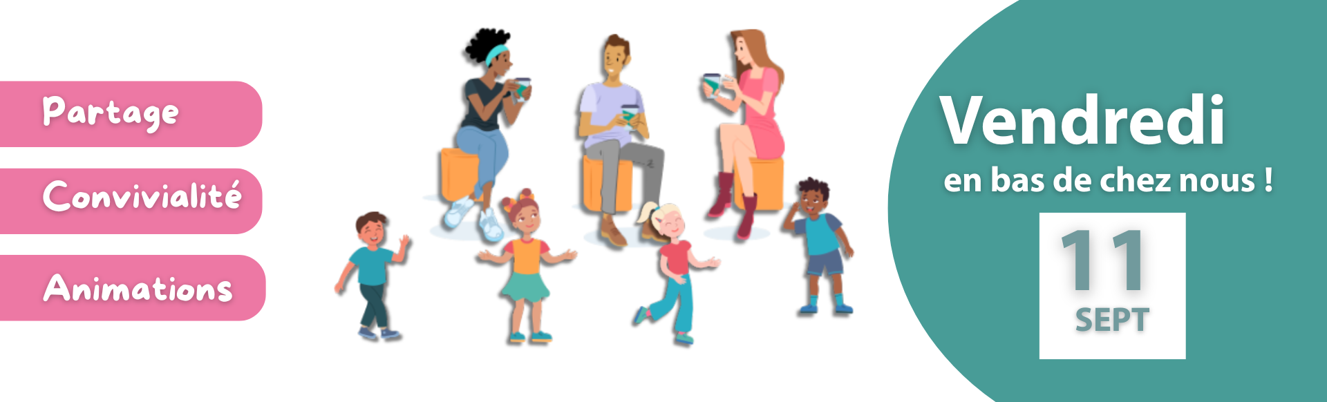 visuel vendredi en bas de chez nous avec personnages qui discutent femmes hommes et enfants