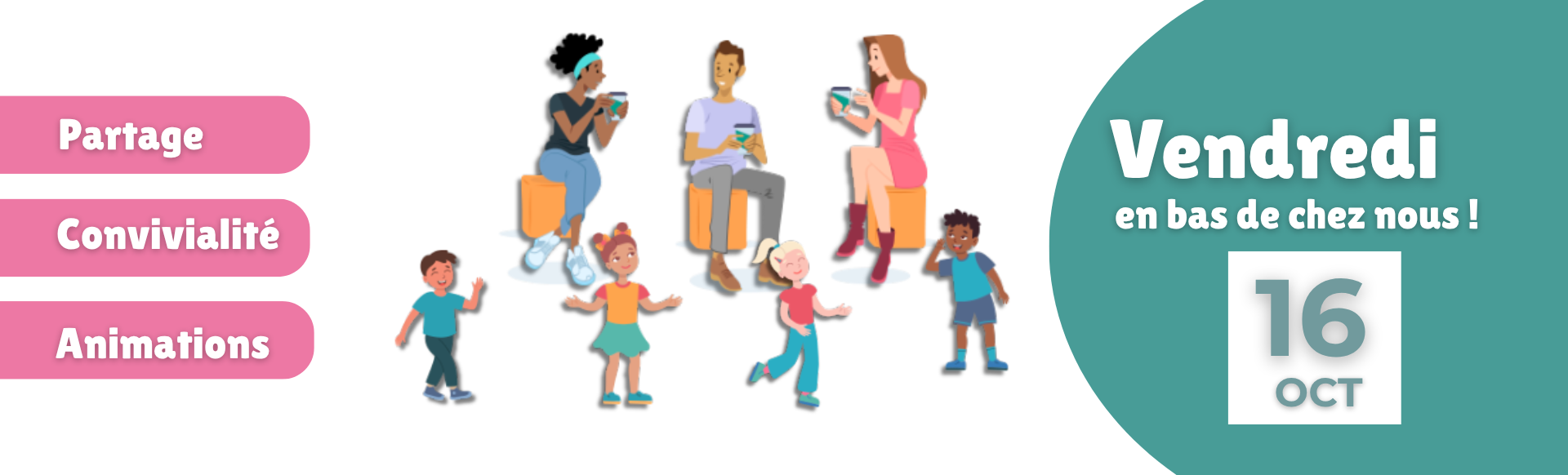 visuel vendredi en bas de chez nous avec personnages qui discutent femmes hommes et enfants