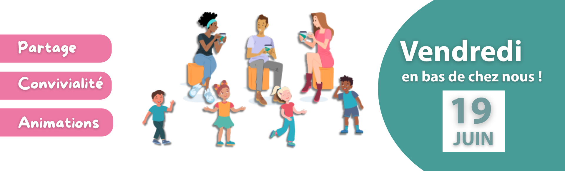 visuel vendredi en bas de chez nous avec personnages qui discutent femmes hommes et enfants