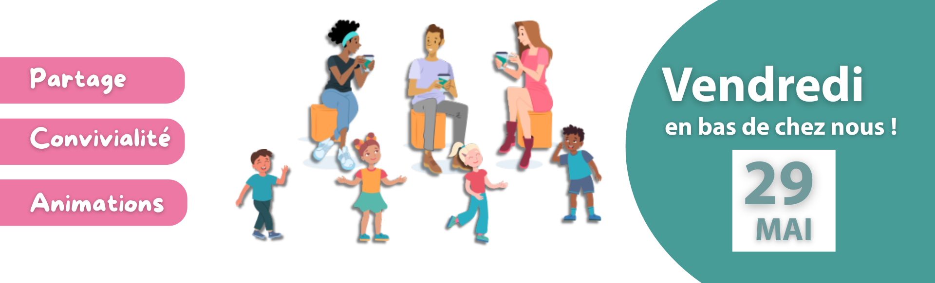 Une illustration avec trois adultes qui discutent et des enfants qui jouent