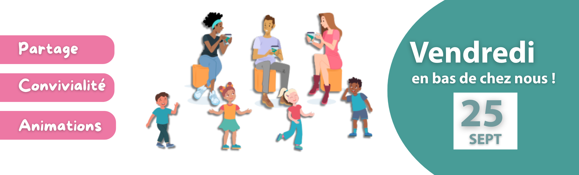 visuel vendredi en bas de chez nous avec personnages qui discutent femmes hommes et enfants