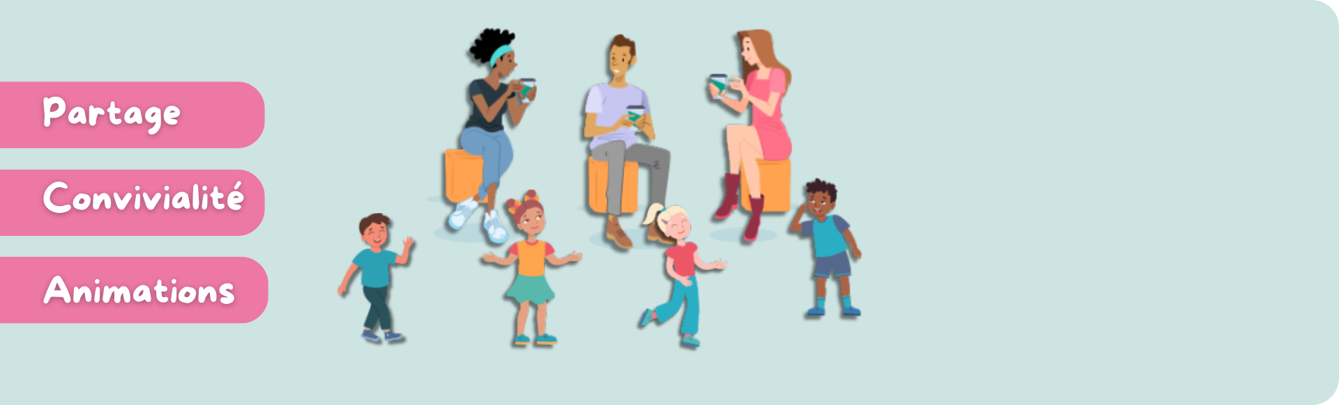 Une illustration avec trois adultes qui discutent et des enfants qui jouent
