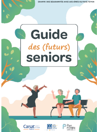Couverture du guide qui est une illustration avec trois seniors qui semblent discuter sur un bout sous des arbres